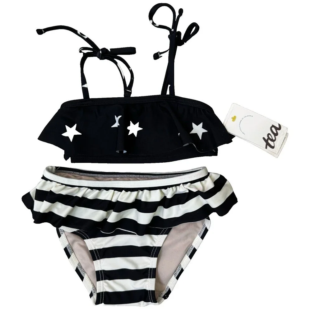 NWT's Tea Collection 2T Ruffle Bikini Swimsuit Black/Cream Stars and Stripes